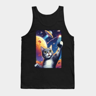 Cute And Funny Cat Selfie With UFOs Behind Tank Top